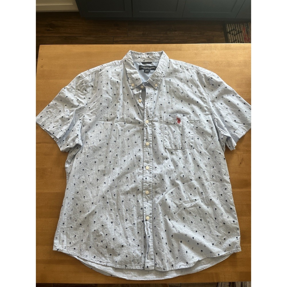 Men's USPA Short Sleeve Woven Shirt Blue Palm Tree Button-Down 2XL Shirt-EUC!